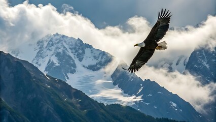 Bald eagle flies over snow covered mountains bird of prey