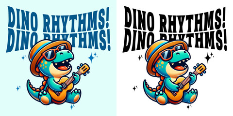Dino Rhythms: An illustration of a cartoon dinosaur playing a guitar, embodying the essence of music and creativity. 
