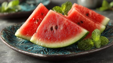 Closeup of Red Watermelon Slices with Mint on Teal Plate