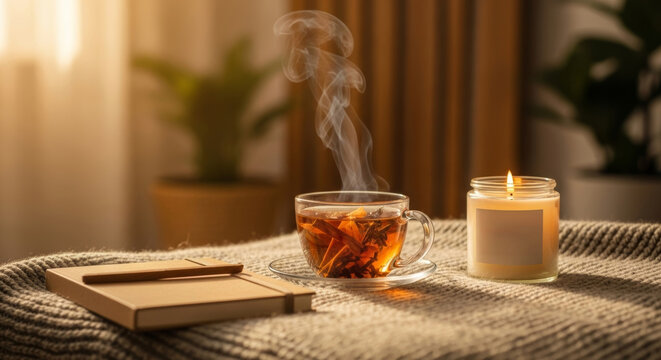 Relaxing hygge scene with hot steaming tea in glass cup, aromatic candle, and notebook on soft knitted blanket in warm natural sunlight