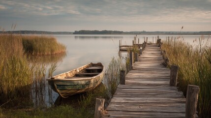 Naklejka premium Old Wooden Boat Moored Near a Rustic Pier on a Calm Lake at Dawn