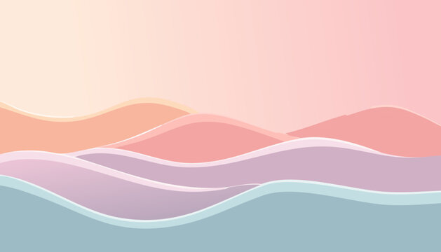 Abstract pastel landscape with hills and waves at sunrise
