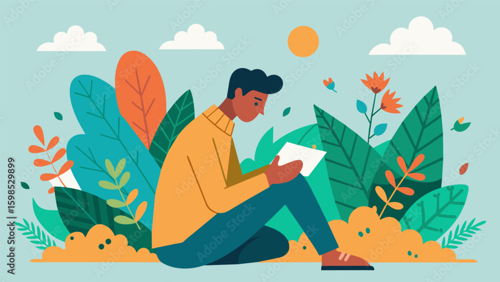 Poster a man sits in a garden watching the leaves rustle in the breeze as he sketches the patterns and text
