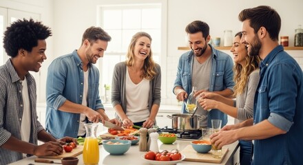 Group of diverse young friends laughing and cooking together in bright modern kitchen, preparing healthy meal with fresh vegetables and enjoying social time