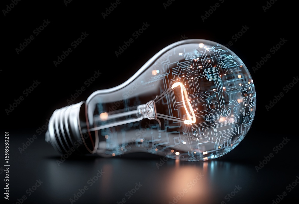 Poster a dark background provides the setting for a glowing lightbulb that radiates an assortment of abstra