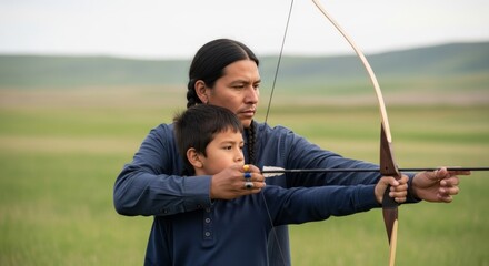 Indigenous father instructing young boy in traditional bow and arrow technique outdoors. Perfect for cultural heritage, mentorship and family bonding concepts.