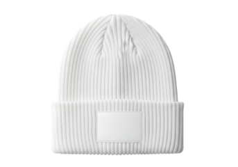 White ribbed knit beanie hat with a blank patch for a logo mockup. Isolated on transparent background, png