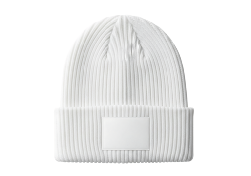 White ribbed knit beanie hat with a blank patch for a logo mockup. Isolated on transparent background, png