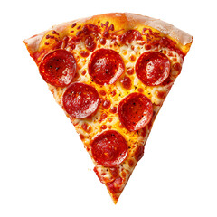 A slice of pepperoni pizza with melted cheese and tomato sauce on a white background