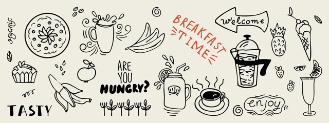 Hand-drawn vector doodle set with breakfast food, drinks, fruits, and fun text. Perfect for cafe menus, stickers, social media, packaging, and kids' projects.