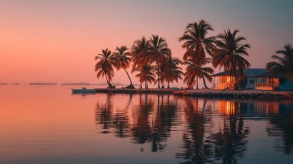 Obraz premium Tranquil Tropical Sunset with Palm Trees and Ocean Reflection