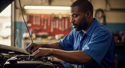 Skilled African American mechanic in blue uniform working on car engine repair in professional automotive garage. Auto service, maintenance, mechanical work concept.