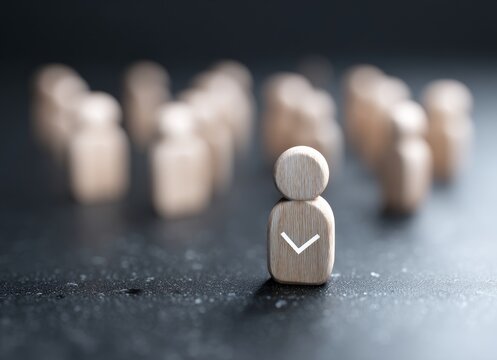 The image shows a magnifying glass concentrating on one wooden figure marked with a checkmark, distinguishing it from a group of similar figures, and implying a context of recruitment, assessment, or