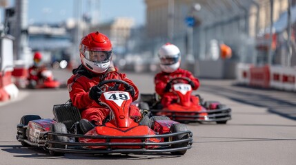 Young caucasian female teens racing go-karts on a track in red gear