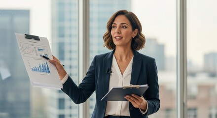 Professional businesswoman presenting financial charts and data analysis in office