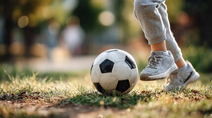 Child playing soccer outdoors in park with white ball on grass