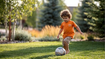 Young caucasian boy in orange shirt playing soccer on grass in sunny park