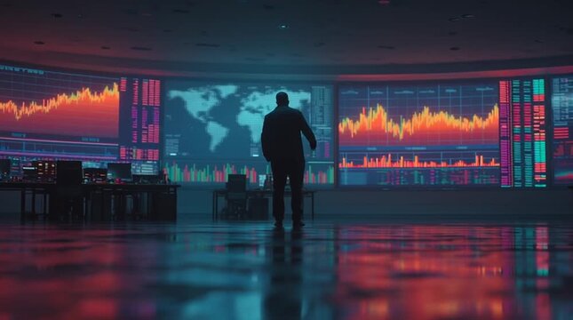 Silhouette of Analyst in Financial Command Center with Stock Market Data Screens