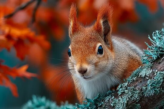 Red Squirrel Perched on Mossy Tree Branch with Autumn Leaves in Background