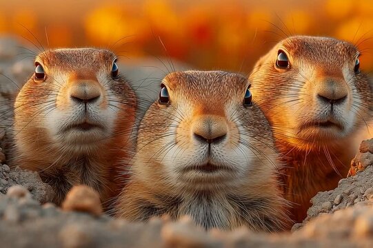 Curious Prairie Dogs Emerging from Their Burrow at Sunset