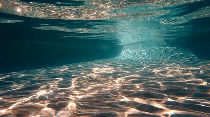underwater pool surface with sunlight rippling through the surface
