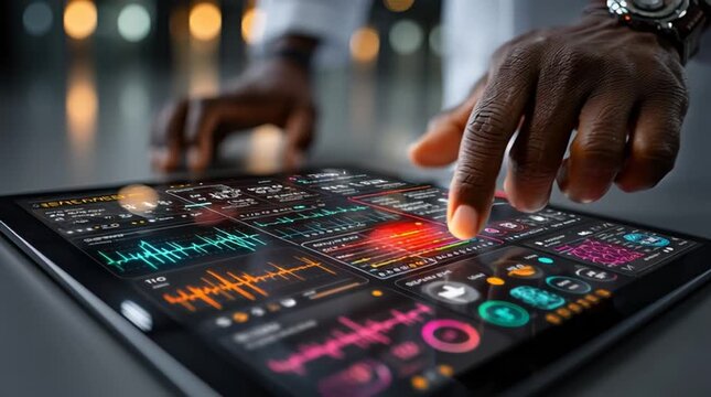 Hand Using Futuristic Digital Interface with Colorful Data on Tablet Screen