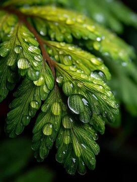 Closeup of Green Fern Leaves with Fresh Rain Droplets and Detailed Texture