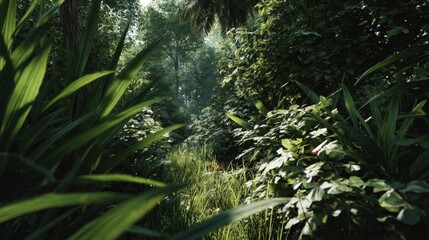 Lush Tropical Forest Path in Sunlight