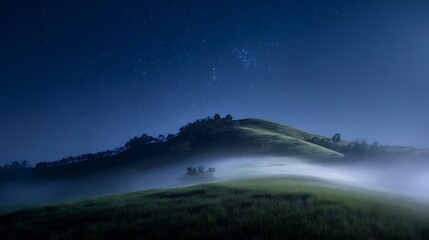 Stars shine over a foggy hillside landscape at night. Ethereal, peaceful scene for marketing, backgrounds, web design.