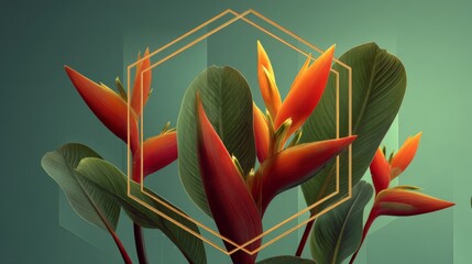 Vibrant Red Heliconia Flowers in Gold Geometric Frame
