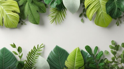 Lush Green Tropical Leaves Frame on White Background
