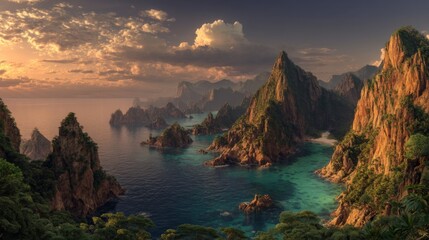 Dramatic Coastal Sunset Landscape with Rugged Mountains