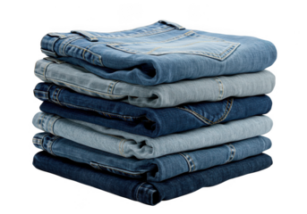 A stack of folded blue denim jeans isolated on transparent background