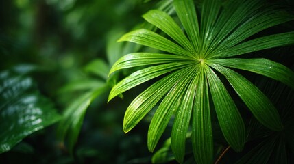 Closeup of Lush Green Tropical Leaves with Water Droplets
