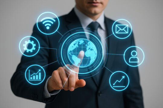Businessman Interacting with Global Network Illustration (Photo) - Powered by Adobe