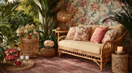 Beige Rattan Sofa in Tropical Room Decor