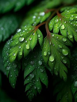 Closeup of Green Fern Leaves with Rain Droplets in Natural Light