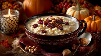 Warm Oatmeal with Cranberries and Walnuts Autumn Harvest Breakfast