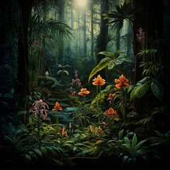 Enchanting jungle landscape with bright orange and pink flowers amidst a dense undergrowth, illuminated by a gentle light source and a small stream winding through.