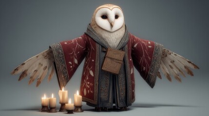 Wise Owl in Ornate Robe with Lit Candles