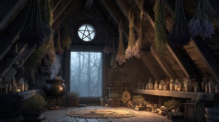 Dark Attic Herbal Room with Cauldron and Potions