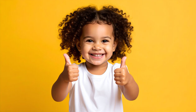 Happy girl thumbs up with yellow background.