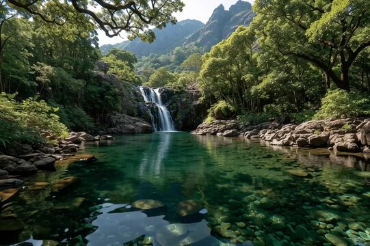 Jungle Waterfall Flowing into Crystal Clear Pool Surrounded by Lush Forest