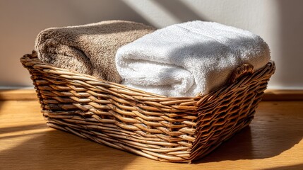 Wicker basket with soft towels in sunlit room