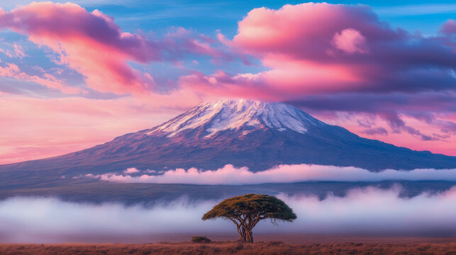 A breathtaking African landscape at dawn, featuring a solitary acacia tree on a misty plain before a majestic snow-capped mountain under a sky of vibrant pink clouds.