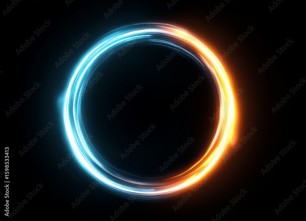 Poster the combination of vibrant blue and orange light on a dark background, arranged in abstract concentr