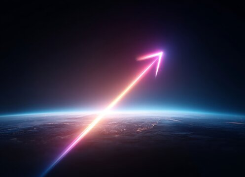 Against a dark background, a vibrant pink and blue neon arrow is seen ascending, symbolizing the themes of growth and progress as it rises over a partially visible Earth, thereby creating a