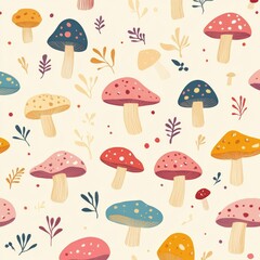 Seamless pattern colorful cartoon mushrooms, small leaves and dots on light cream background.