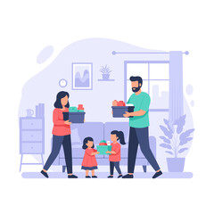 Family in a joyful mood carrying boxes of supplies in a bright living room with copy space
