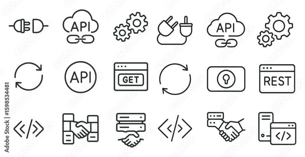 Poster set of icons for a computer program. the icons include a handshake, a plug, a key, a cloud, and a co